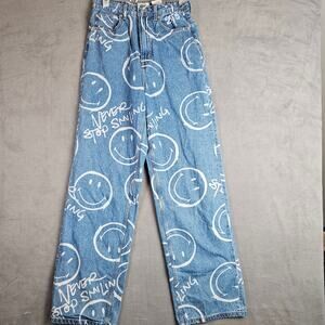 Smiley Face Graphic Jeans Wide Leg Denim Y2K Streetwear Pants Blue Size 4
